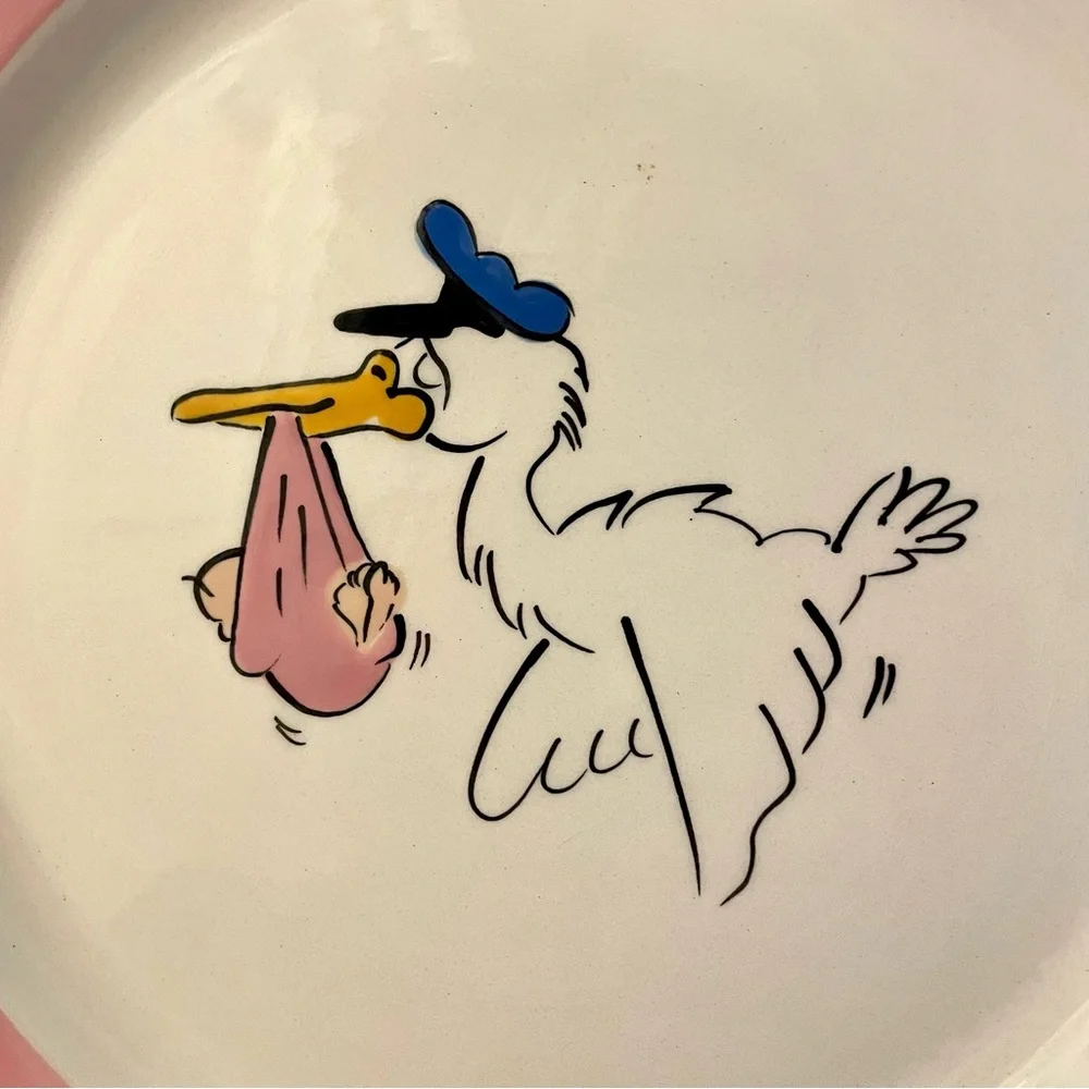 Stork Baby Delivery Ceramic Plate Platter HandPainted Pink Baby Girl Baby Shower